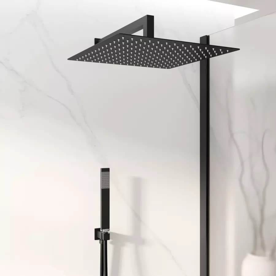 Set doccia con soffione 40x40 cm, braccio doccia 40 cm e kit doccino nero opaco