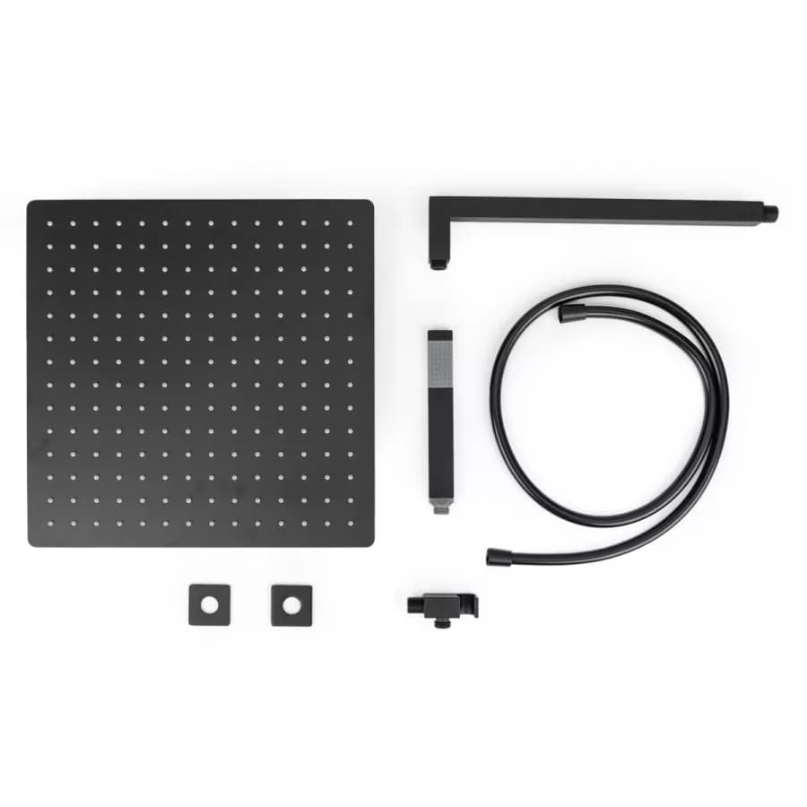 Set doccia con soffione 40x40 cm, braccio doccia 40 cm e kit doccino nero opaco