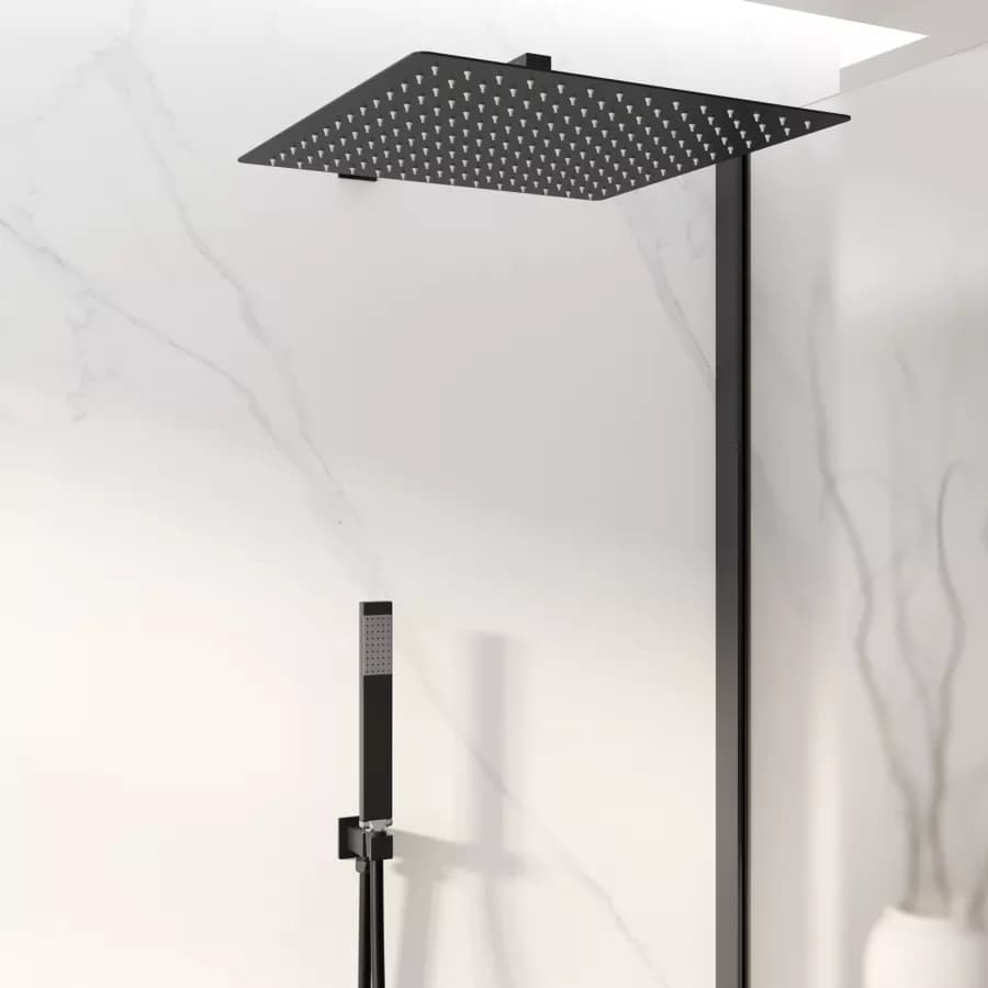 Set doccia con soffione 40x40 cm, braccio quadrato 40 cm e kit doccino nero opaco