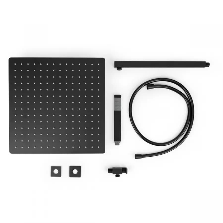 Set doccia con soffione 40x40 cm, braccio quadrato 40 cm e kit doccino nero opaco