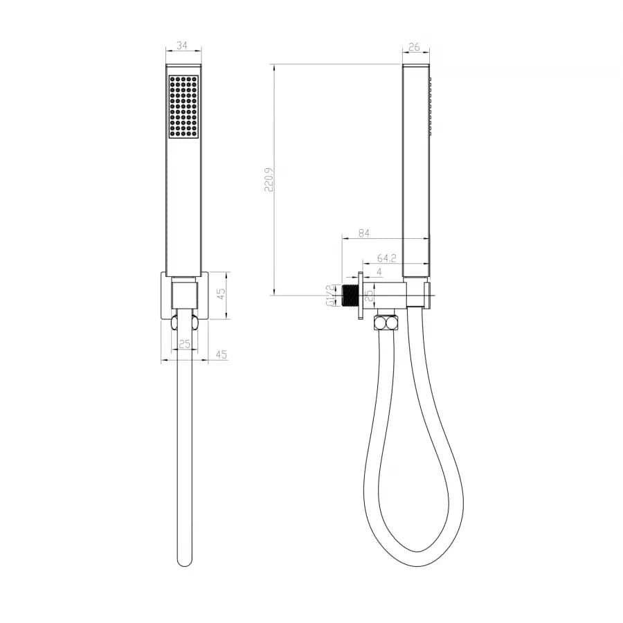 Set doccia squadrato soffione 30x30cm, braccio 40cm e doccino con presa d'acqua