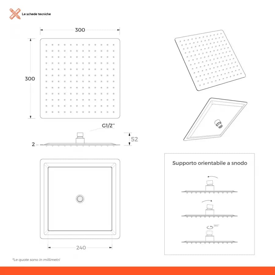 Set doccia squadrato soffione 30x30cm, braccio 40cm e doccino con presa d'acqua