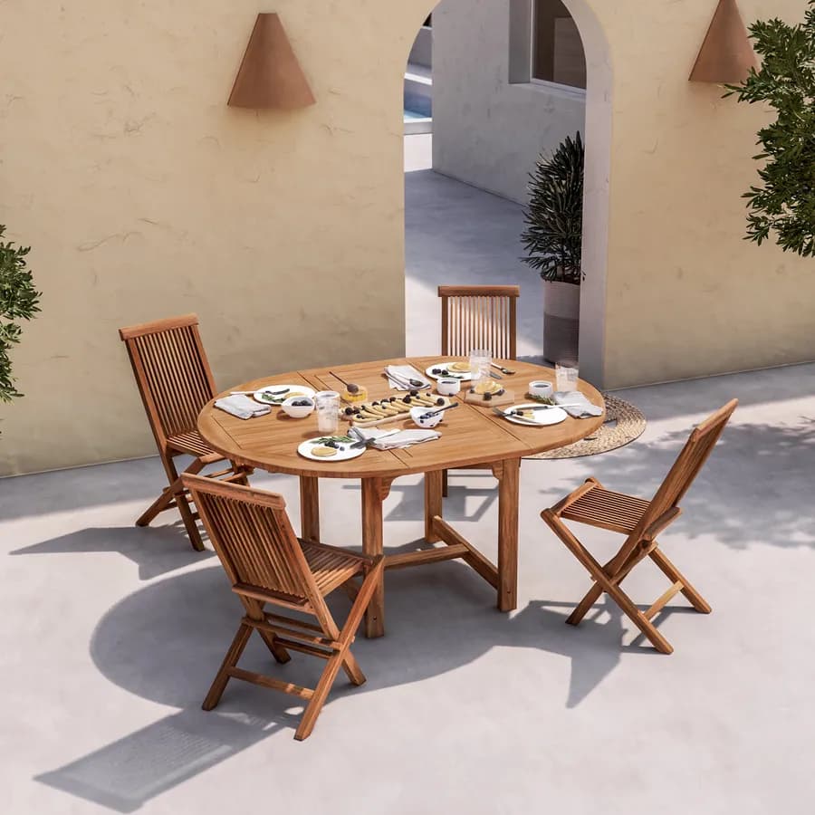 Set pranzo tavolo 120/170x120 cm e 4 sedie pieghevoli in legno teak - Louis