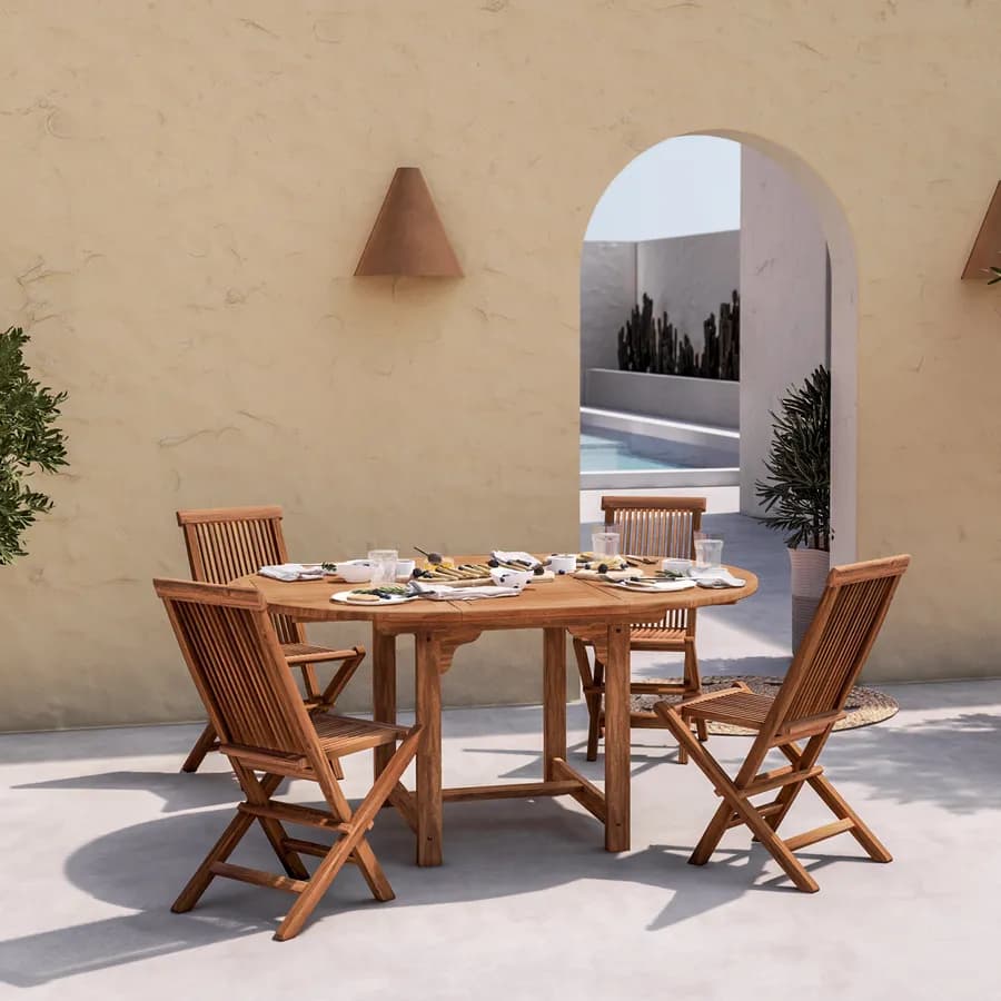 Set pranzo tavolo 120/170x120 cm e 4 sedie pieghevoli in legno teak - Louis