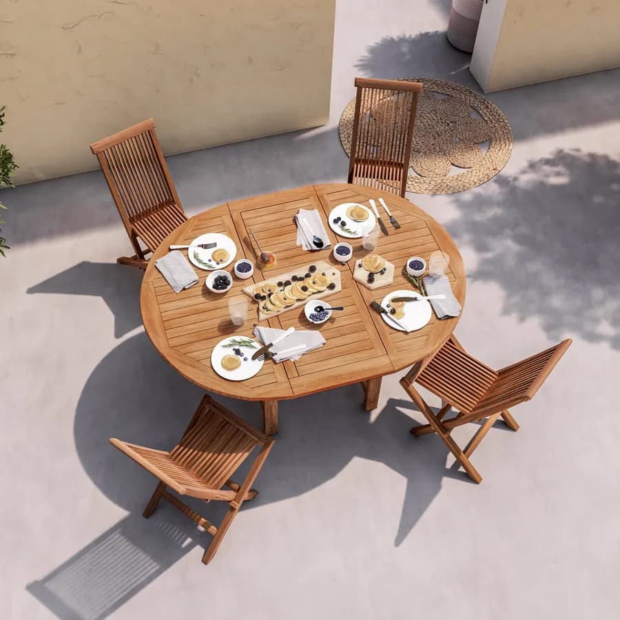 Set pranzo tavolo 120/170x120 cm e 4 sedie pieghevoli in legno teak - Louis