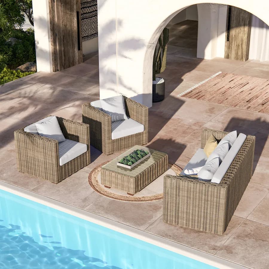Set relax con divano e 2 poltrone in rattan naturale e cuscini - Asmira