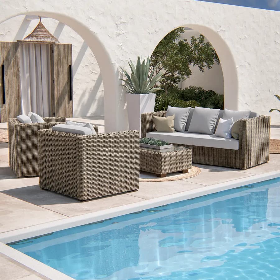Set relax con divano e 2 poltrone in rattan naturale e cuscini - Asmira
