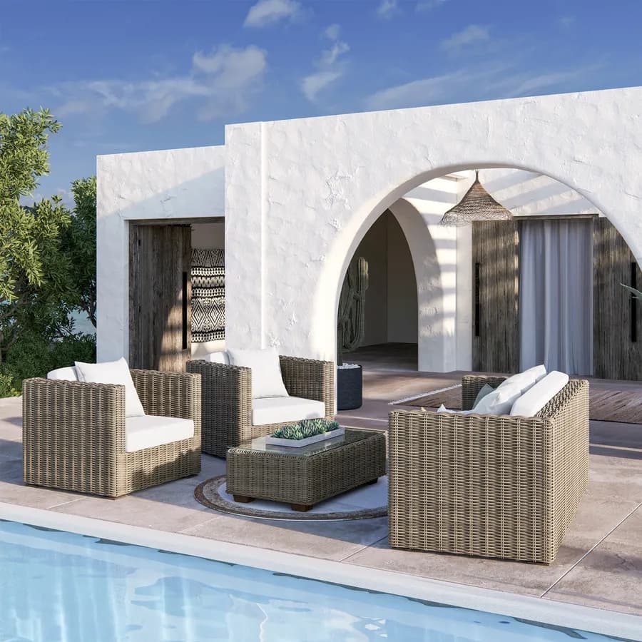 Set relax con divano e 2 poltrone in rattan naturale e cuscini - Asmira