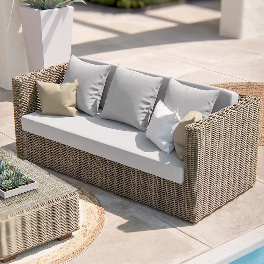 Set relax con divano e 2 poltrone in rattan naturale e cuscini - Asmira