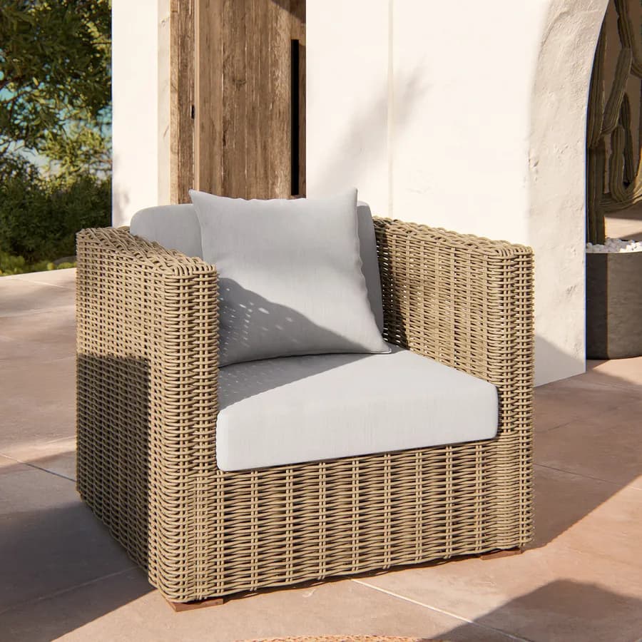 Set relax con divano e 2 poltrone in rattan naturale e cuscini - Asmira