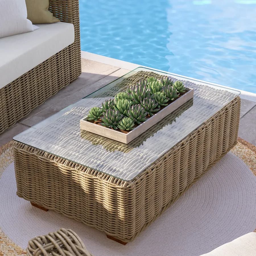 Set relax con divano e 2 poltrone in rattan naturale e cuscini - Asmira
