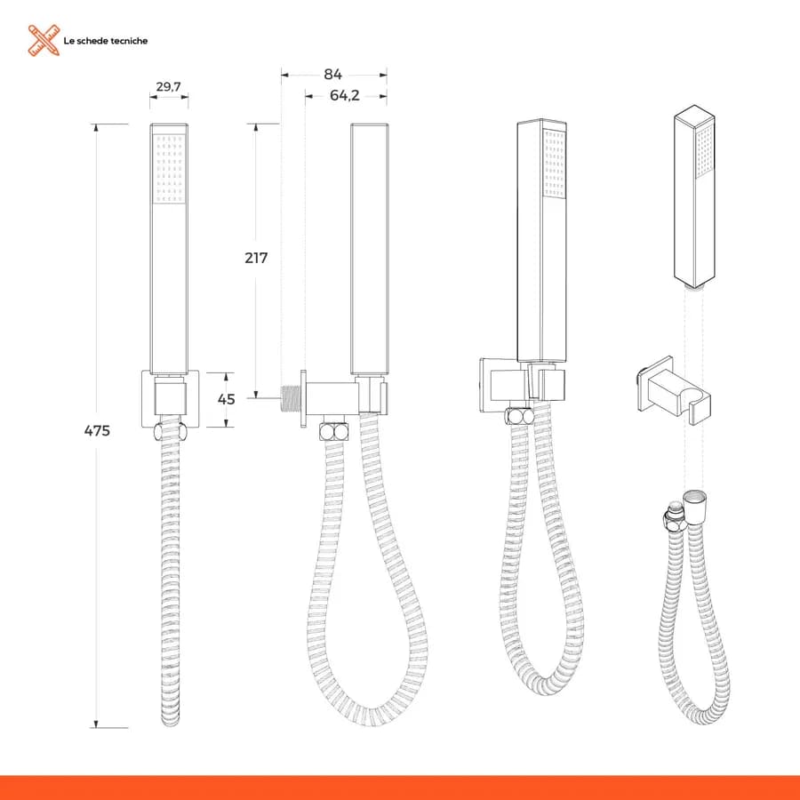 Set incasso doccetta squadrata con presa acqua e flessibile cromo