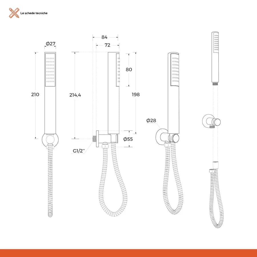 Set incasso doccia con braccio 28 cm soffione doccino e flessibile con presa acqua tonda - Slim