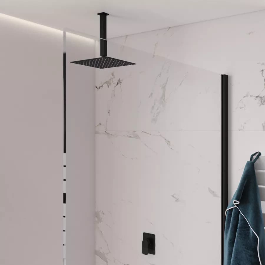 Set incasso doccia con braccio a soffitto 20 cm e soffione 25x25 cm nero – Fusion