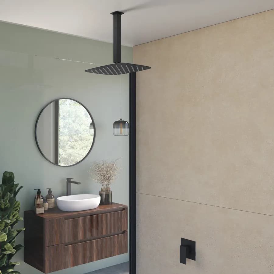 Set incasso doccia con braccio a soffitto 20 cm e soffione 30x20 cm nero – Kyria