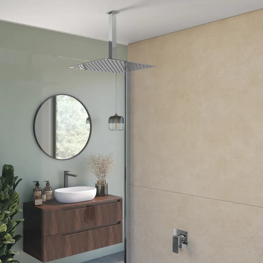Set incasso doccia con braccio a soffitto 20 cm e soffione 30x30 cm cromo – Kyria