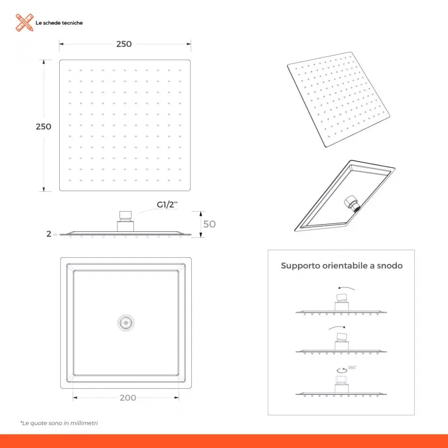 Set incasso doccia con braccio doccia 35 cm e soffione 25x25 cm cromo – Wing