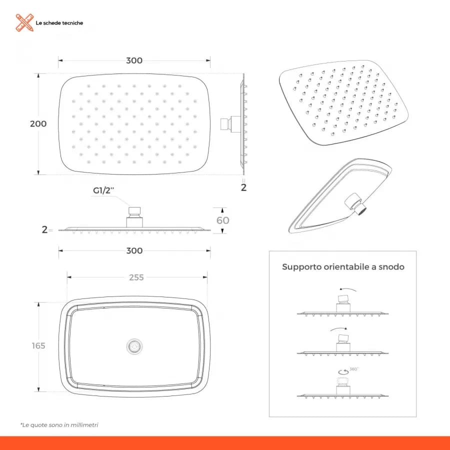 Set incasso doccia con braccio doccia 40 cm e soffione 30x20 cm cromo – Fusion