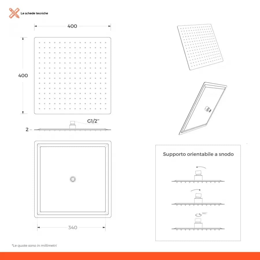Set incasso doccia con braccio doccia 40 cm e soffione 40x40 cm nero – Fusion