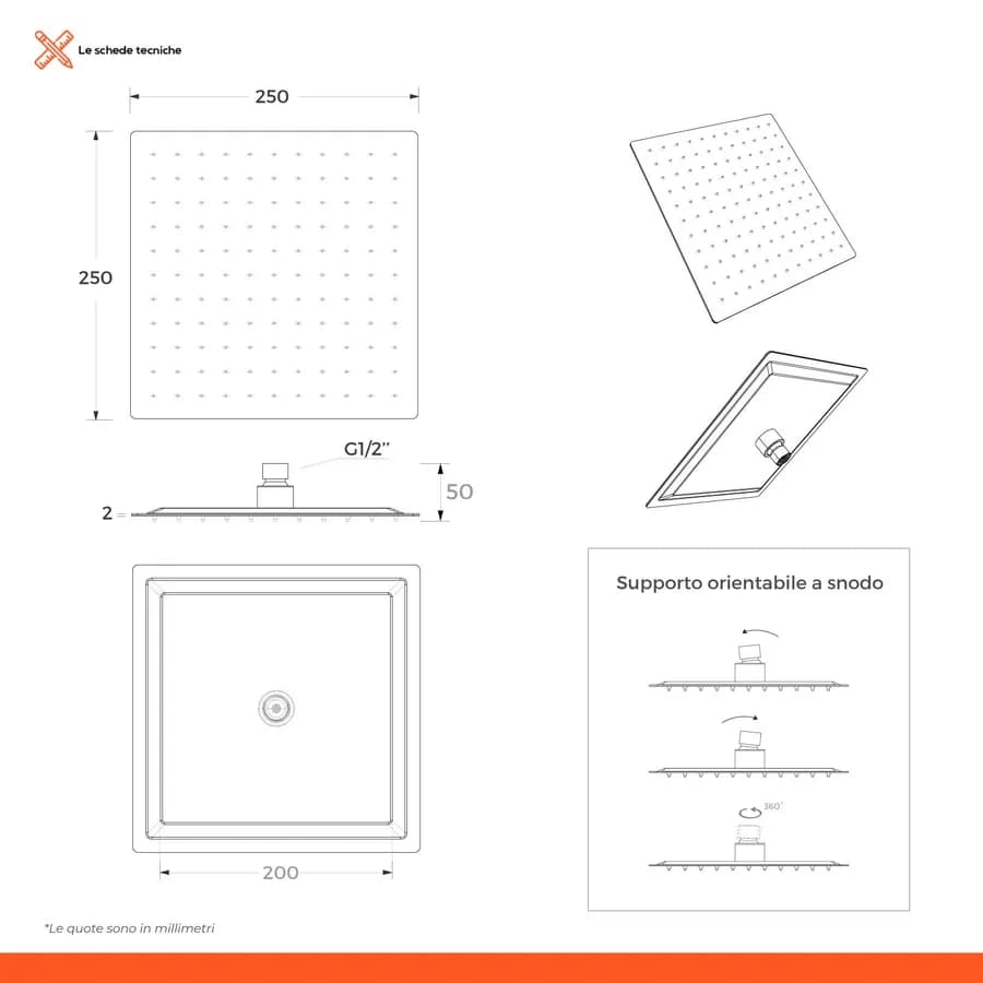 Set incasso doccia con deviatore con braccio a soffitto 20 cm e soffione 25x25 cm spazzolato – Fusion