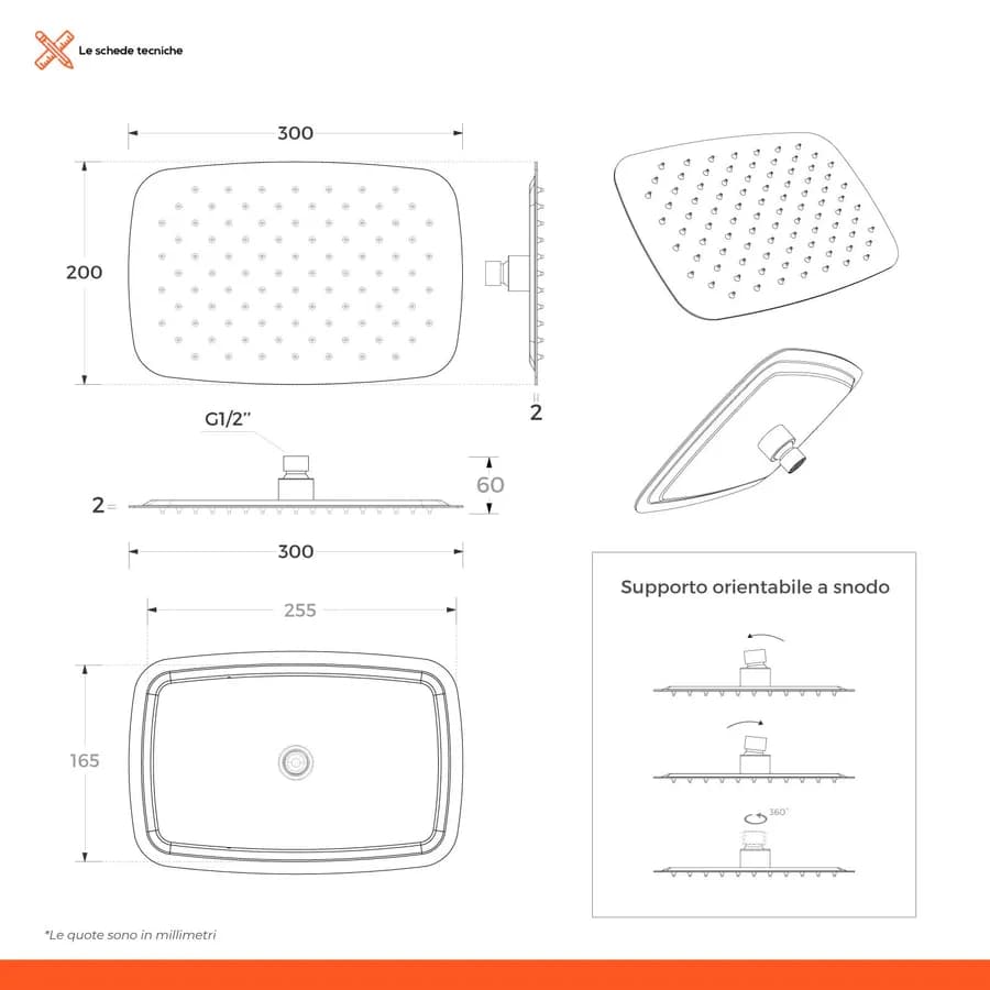 Set incasso doccia con deviatore con braccio a soffitto 20 cm e soffione 30x20 cm cromo – Kyria