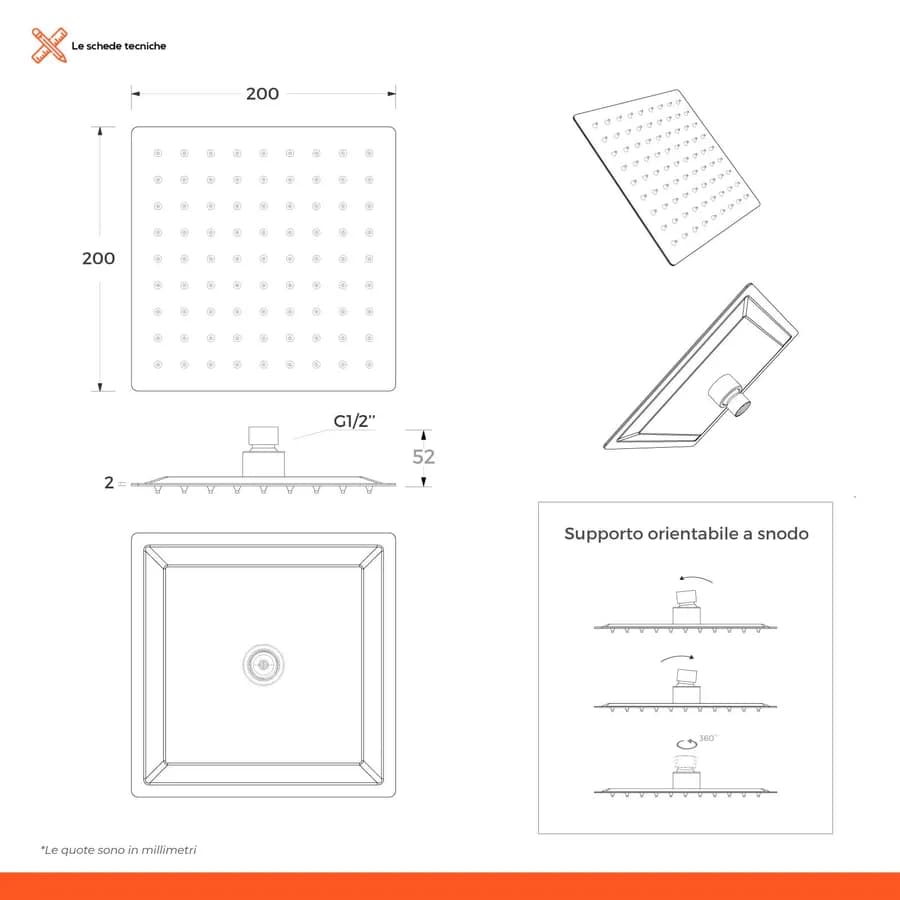 Set incasso doccia con deviatore con braccio doccia 35 cm e soffione 20x20 cm cromo – Fusion