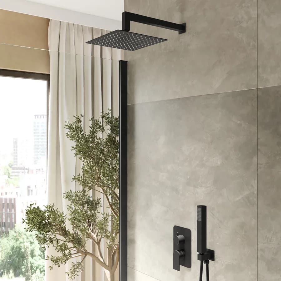 Set incasso doccia con deviatore con braccio doccia 35 cm e soffione 25x25 cm nero – Iota