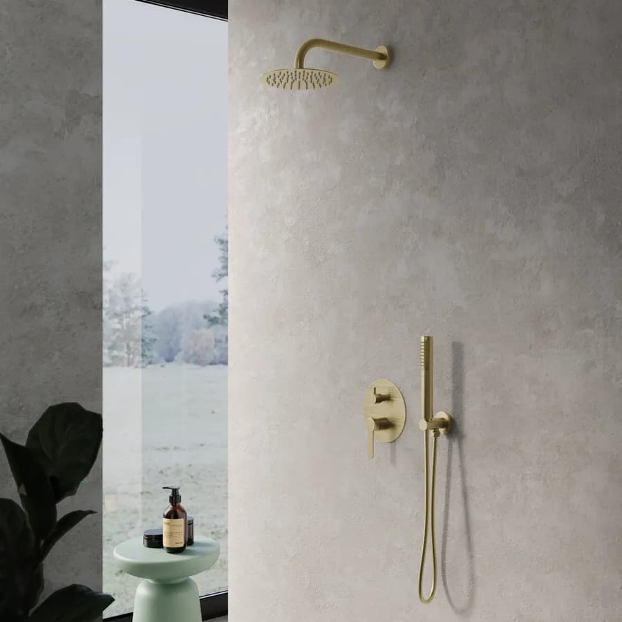Set incasso doccia con deviatore e doccino con braccio doccia 28 cm e soffione 25 cm oro spazzolato – Tila
