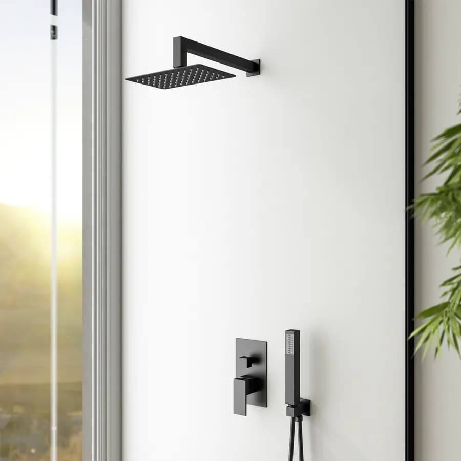Set incasso doccia con deviatore e doccino con braccio doccia 35 cm e soffione 25x15 cm nero – Tiamat