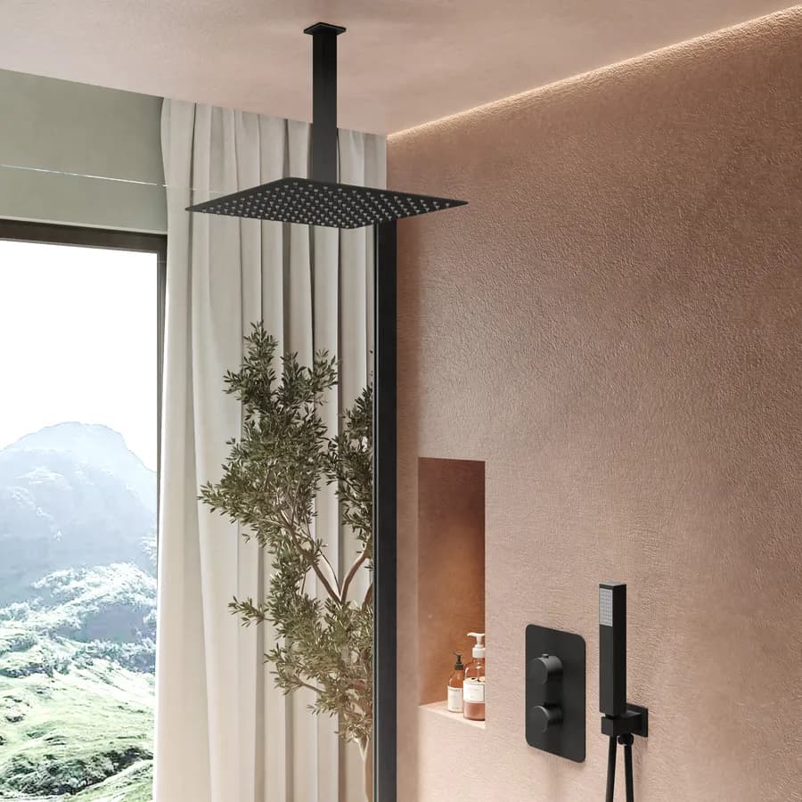 Set incasso doccia termostatico con deviatore con braccio a soffitto 20 cm e soffione 30x30 cm nero – Iota