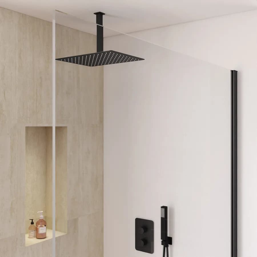 Set incasso doccia termostatico con deviatore con braccio a soffitto 20 cm e soffione 40x30 cm nero – Fusion