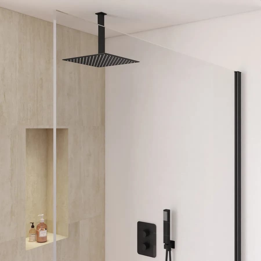 Set incasso doccia termostatico con deviatore con braccio a soffitto 20 cm e soffione 40x40 cm nero – Fusion