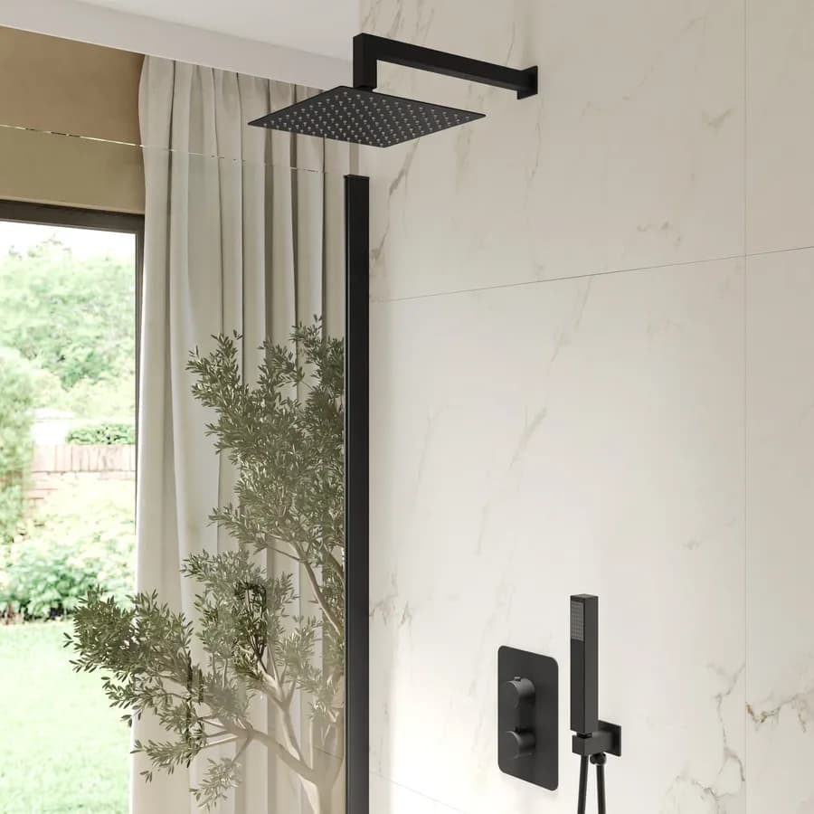Set incasso doccia termostatico con deviatore con braccio doccia 35 cm e soffione 20x20 cm nero – Iota