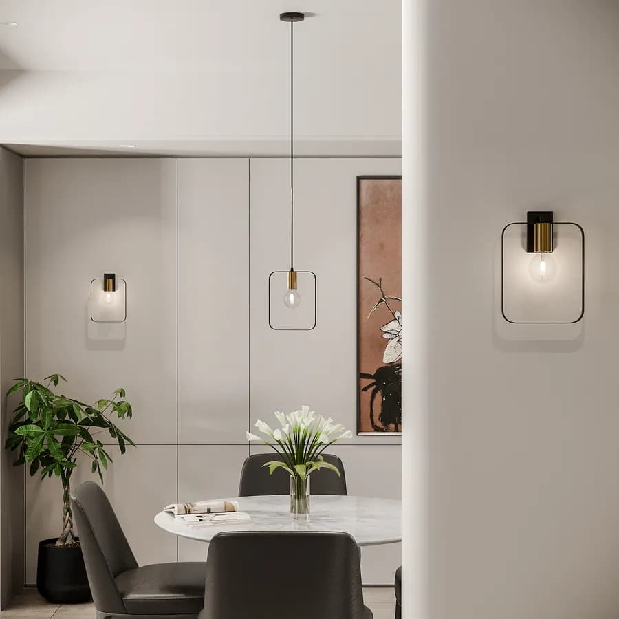 Set lampada a sospensione + 2 applique in metallo nero e oro