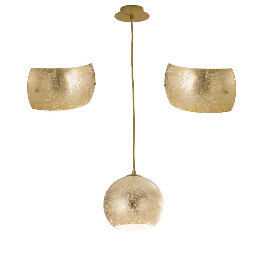 Set lampada a sospensione 20 cm e 2 applique in vetro con foglia oro