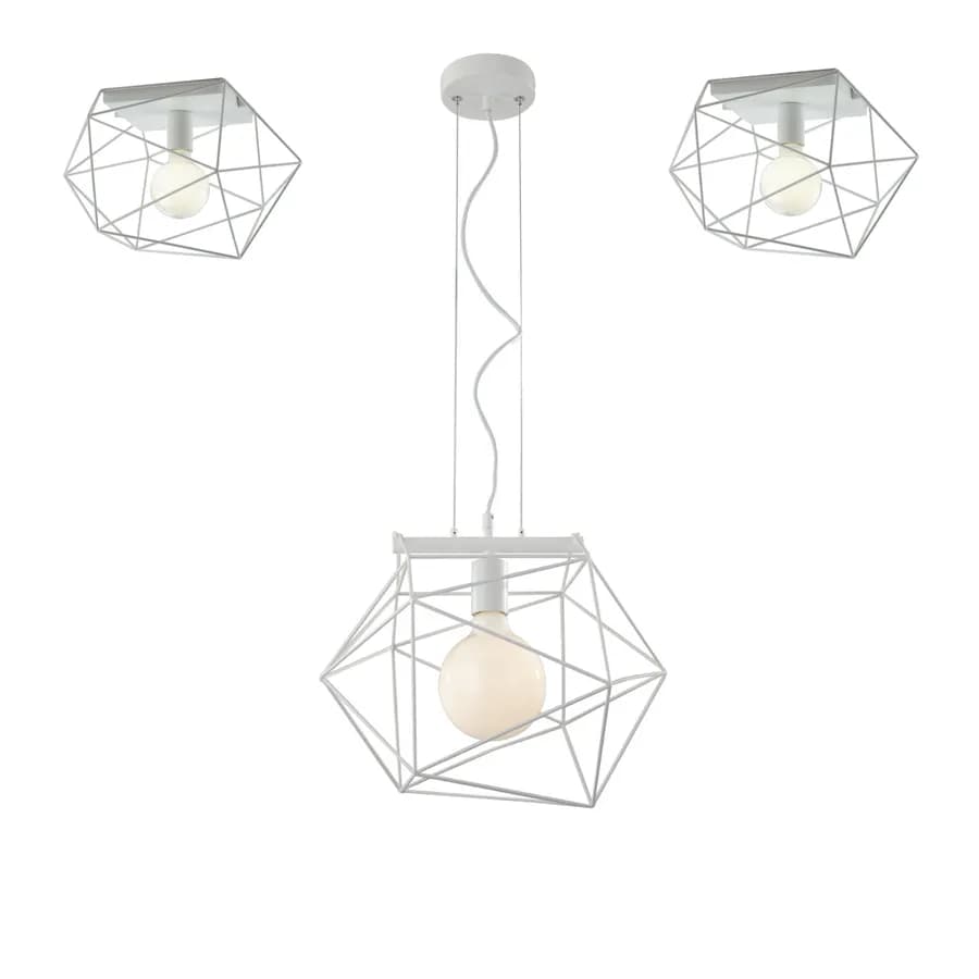Set lampada a sospensione e 2 plafoniere in metallo bianco