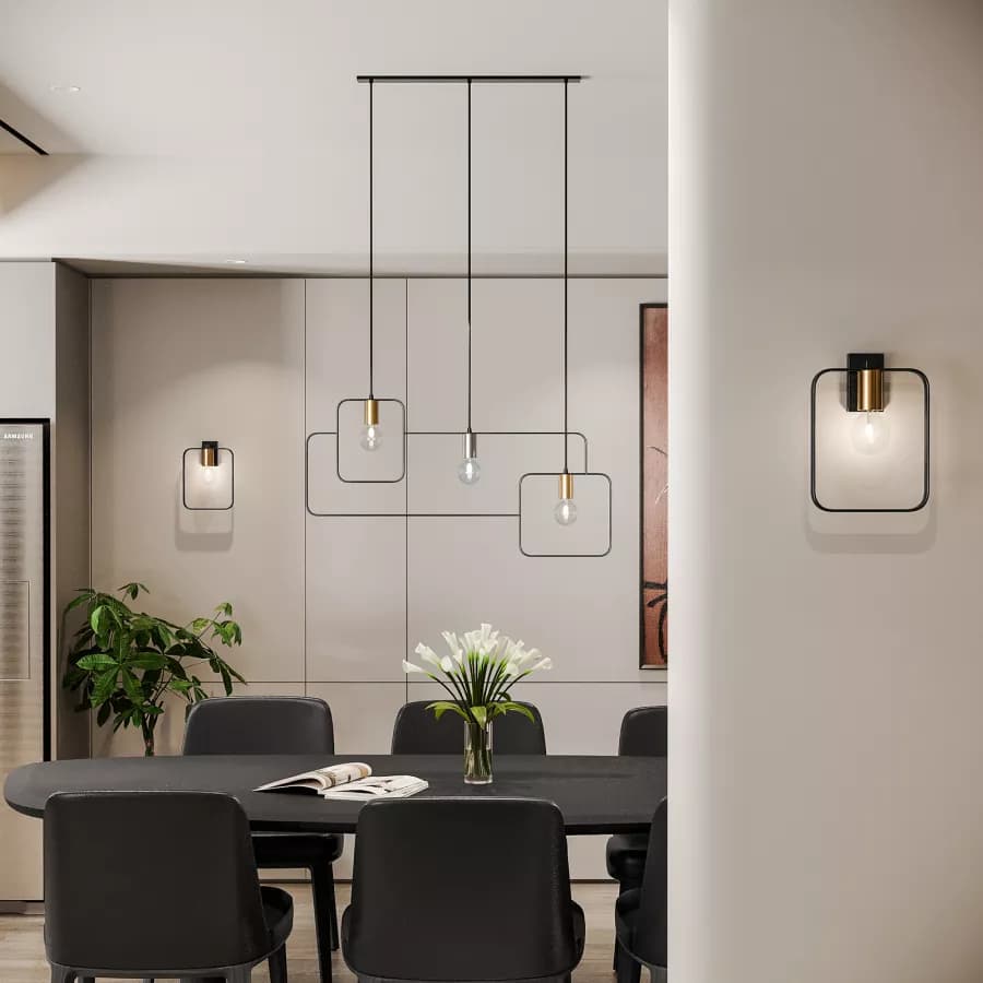 Set lampadario a sospensione + 2 applique in metallo nero e oro