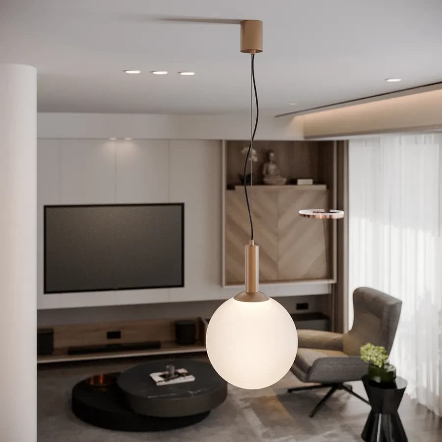 Set lampadario a sospensione con 2 applique in oro rosa e vetro soffiato