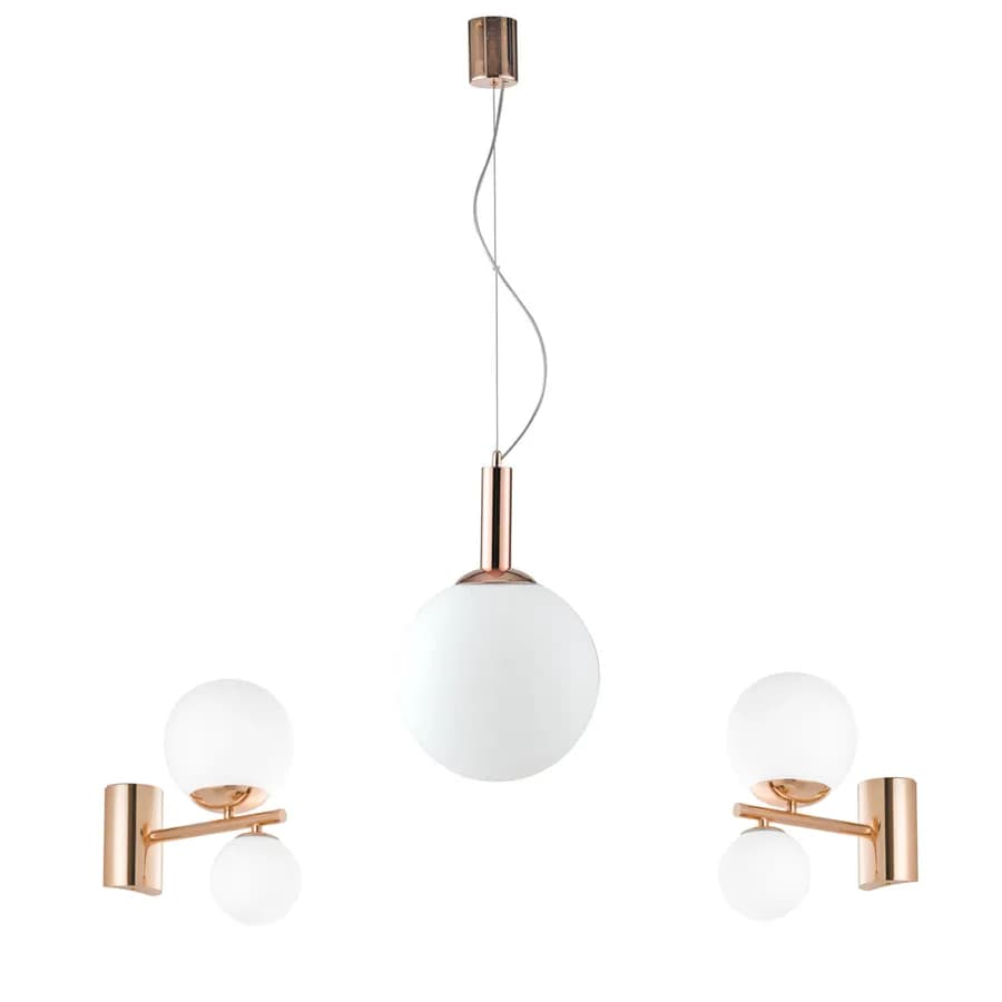 Set lampadario a sospensione con 2 applique in oro rosa e vetro soffiato