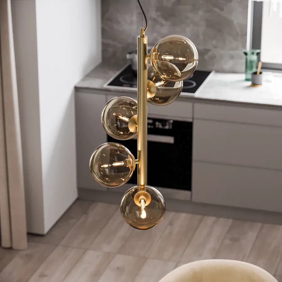 Set lampadario a sospensione da 5 lampade e 2 applique in vetro champagne