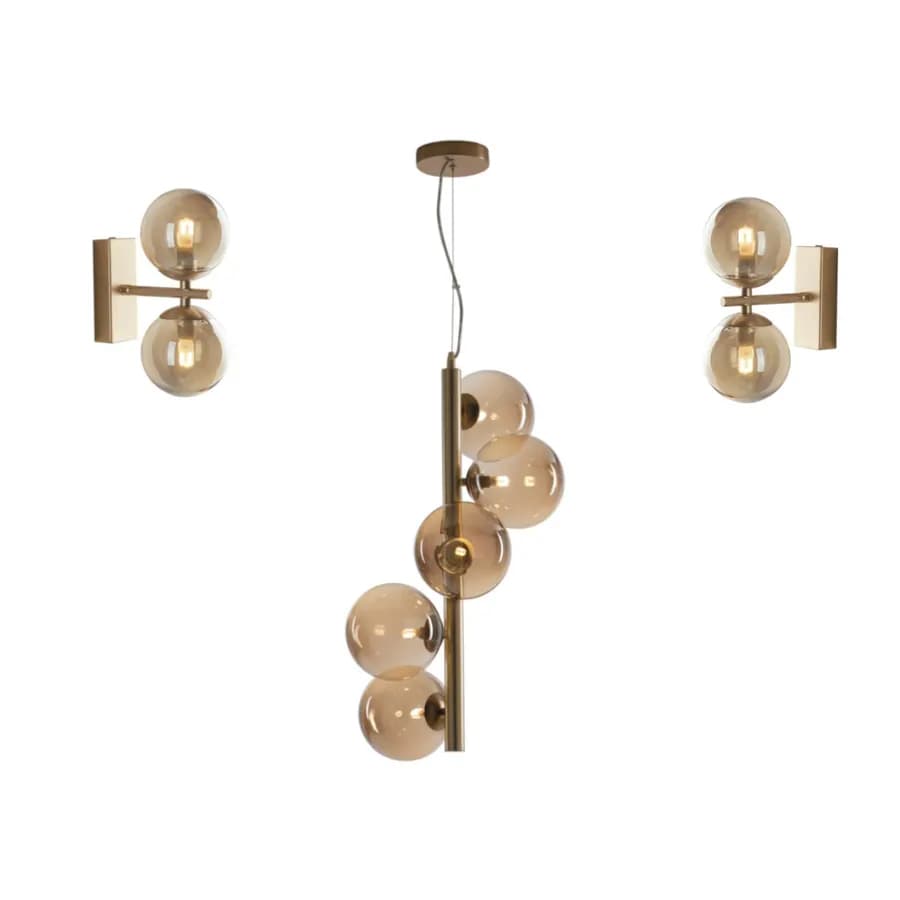 Set lampadario a sospensione da 5 lampade e 2 applique in vetro champagne