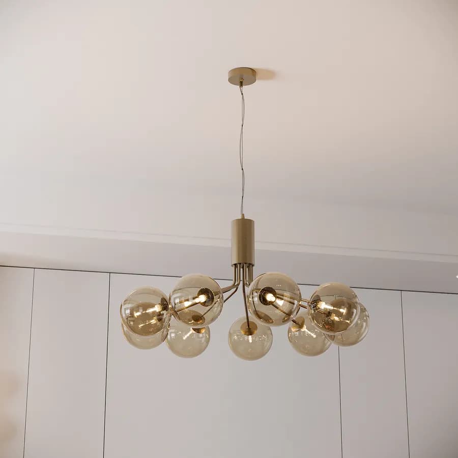 Set lampadario a sospensione da 9 lampade e 2 applique in vetro champagne