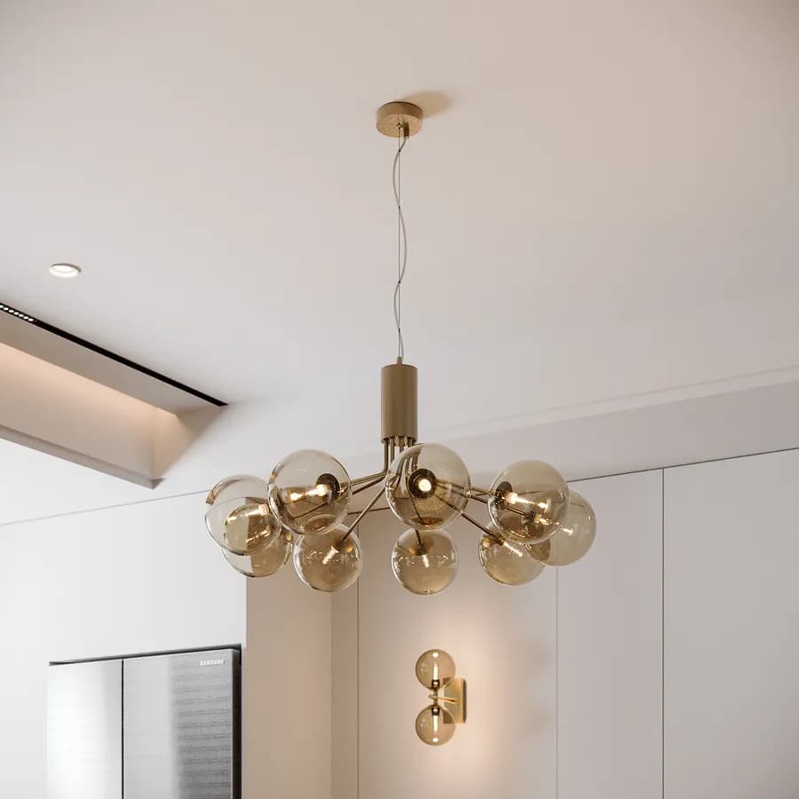 Set lampadario a sospensione da 9 lampade e 2 applique in vetro champagne