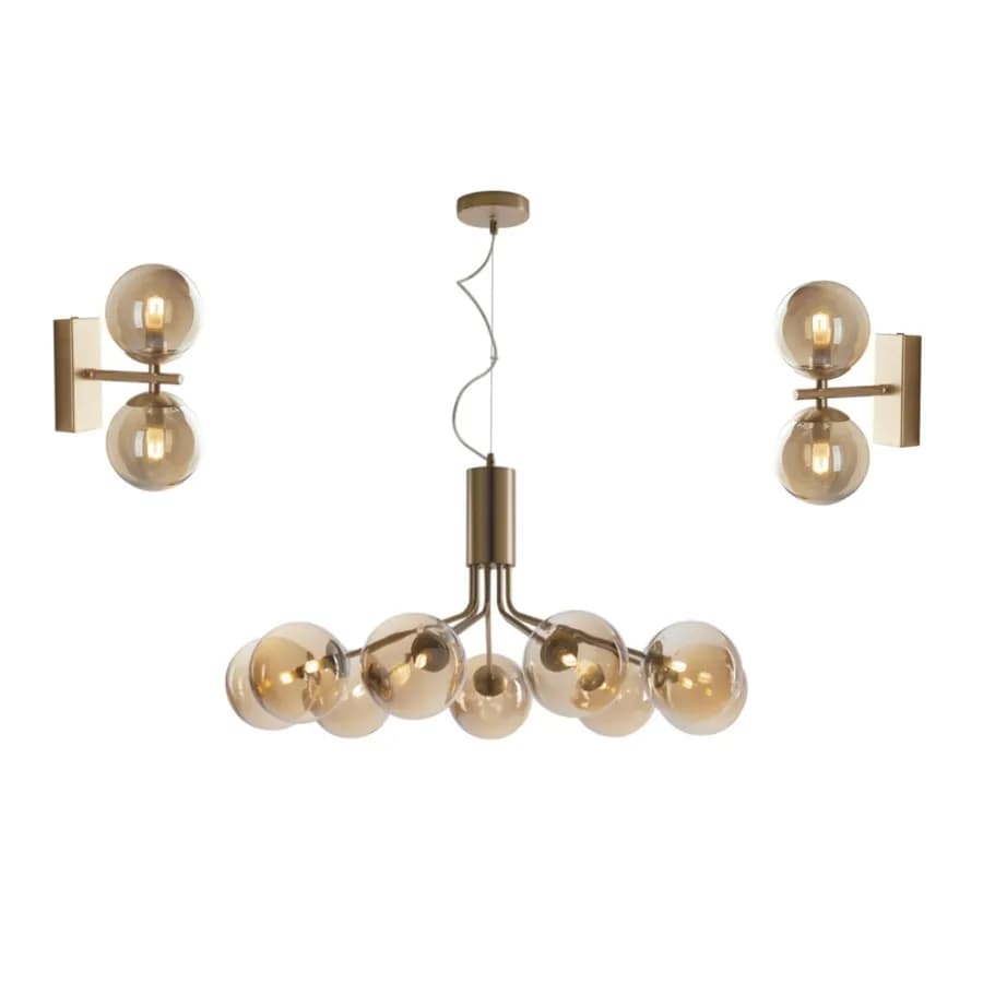 Set lampadario a sospensione da 9 lampade e 2 applique in vetro champagne