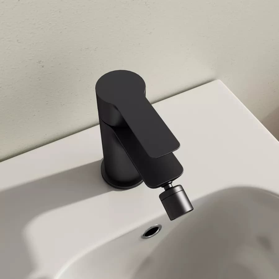 Set miscelatore lavabo a muro canna 20 cm e bidet con esterno doccia nero – Key