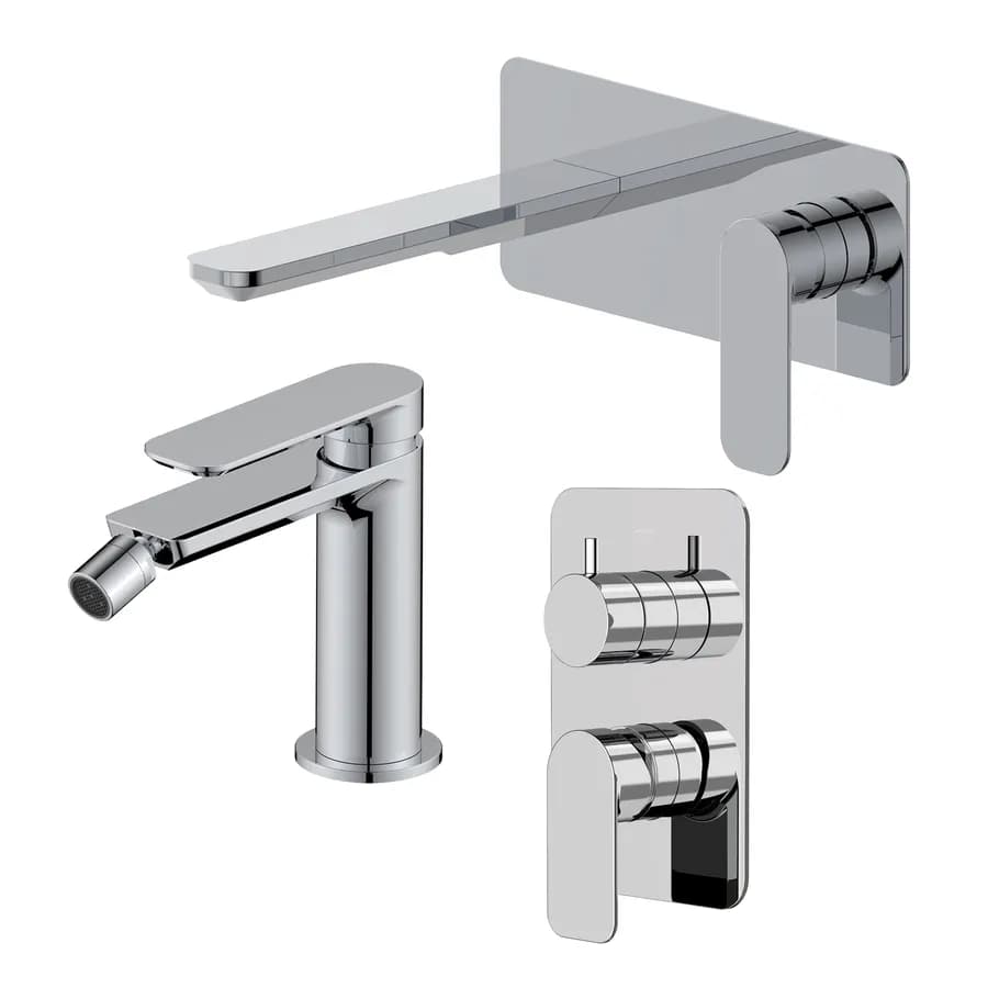 Set miscelatore lavabo a muro canna 20 con piastra e bidet con incasso doccia con deviatore cromo – Fusion