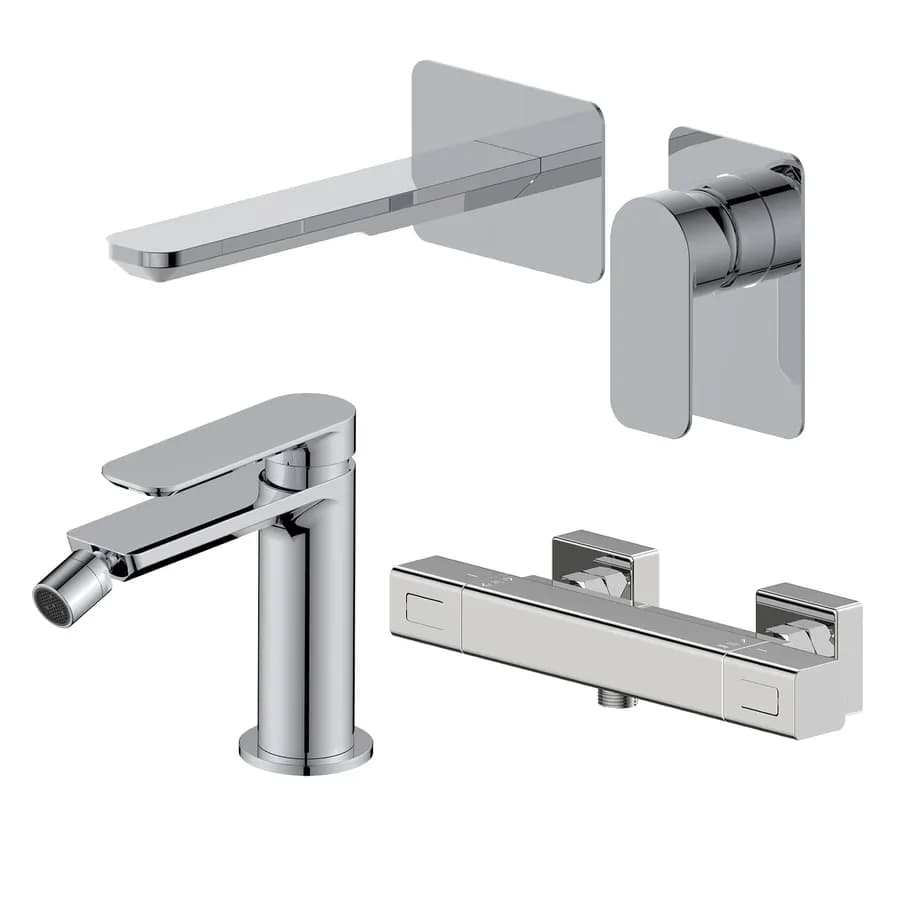 Set miscelatore lavabo a muro canna 20 e bidet con esterno doccia termostatico cromo – Fusion