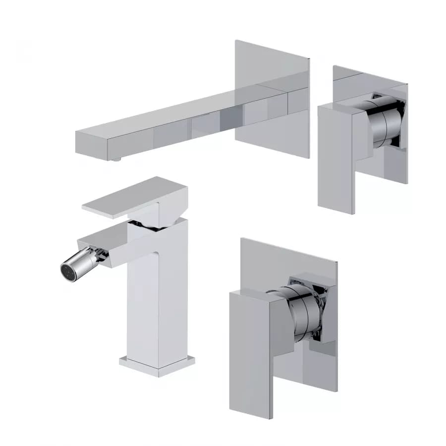 Set miscelatore lavabo a muro canna 20 e bidet con incasso doccia cromo – Kyria