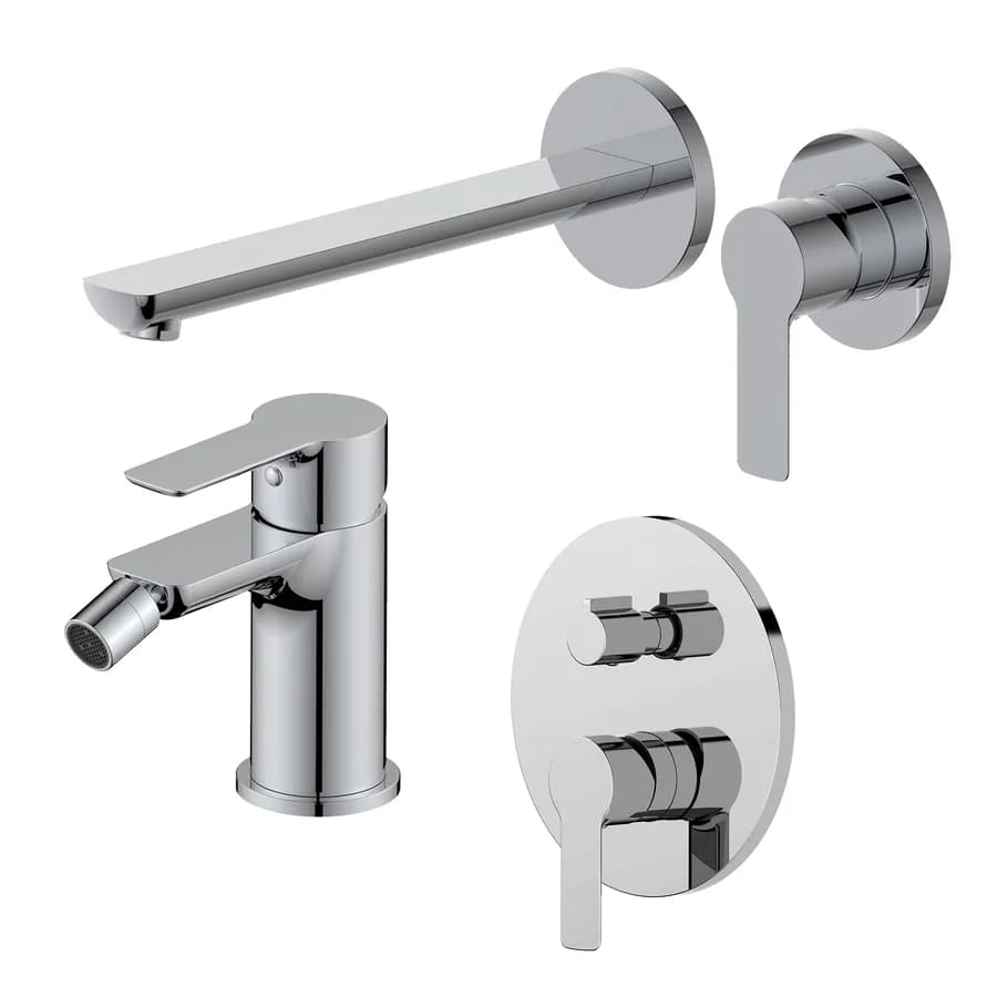 Set miscelatore lavabo a muro canna 25 cm e bidet con incasso doccia con deviatore cromo – Key