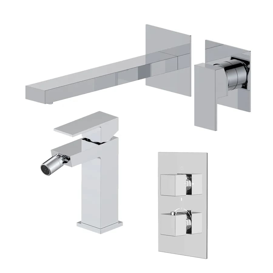 Set miscelatore lavabo a muro canna 25 e bidet con incasso doccia termostatico con deviatore cromo – Kyria